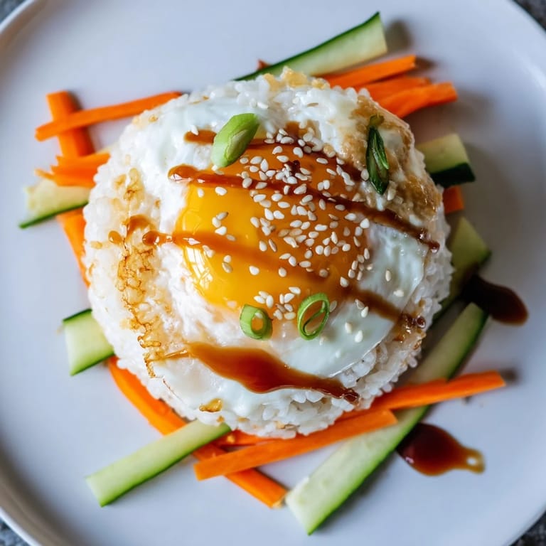 Enjoy a quick and delicious crispy egg rice bowl: a delightful Asian-inspired meal.
