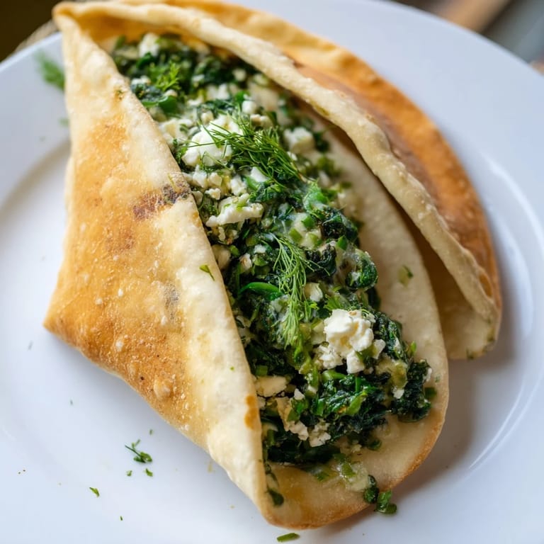 A close-up of a perfectly cooked Turkish spinach & feta flatbread, showcasing the savory filling's textures.