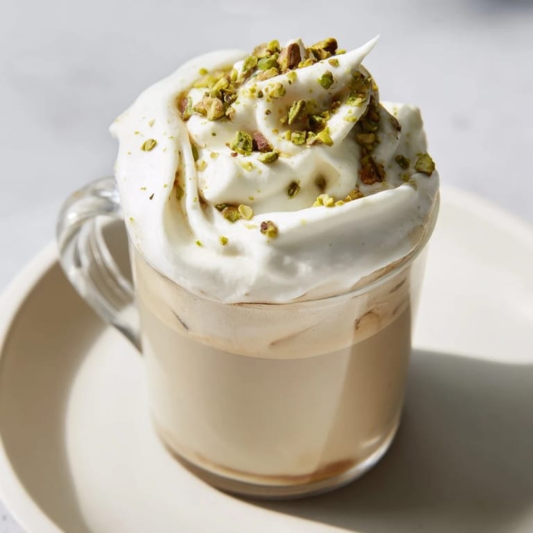 Rich, nutty Pistachio Latte Cloud topped with fluffy cold foam, a perfect cozy coffee treat.