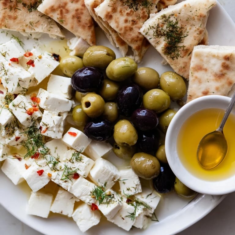 A beautiful Turkish Olives & Cheese Board showcasing a variety of cheeses, briny olives, and delicious pita bread.