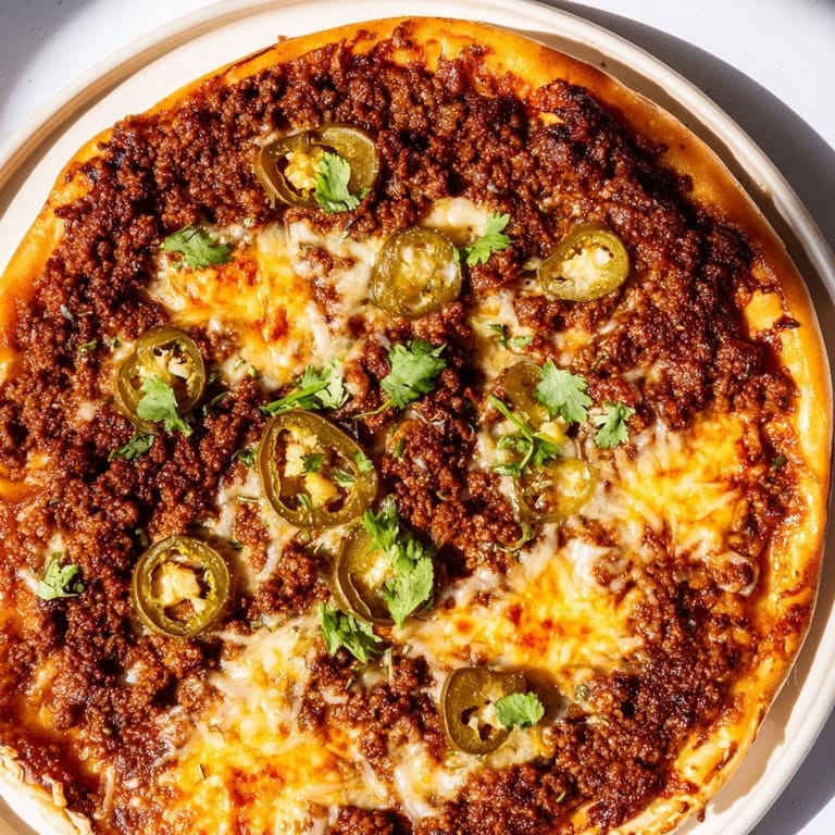 A close-up of a delicious spicy ground beef pizza base with visible cheese and jalapeno slices.