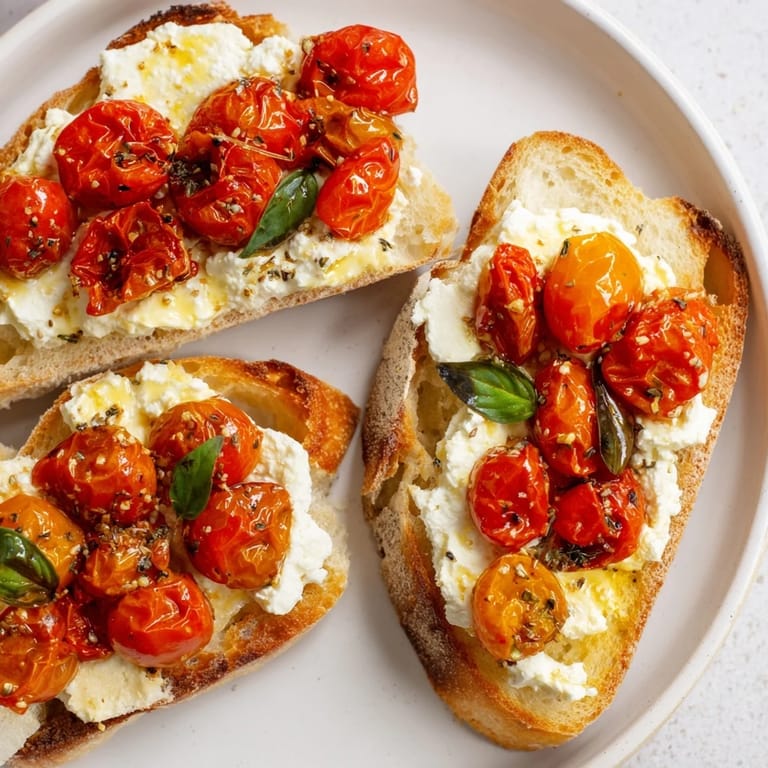 Golden-toasted baked feta toast, featuring creamy feta, juicy cherry tomatoes, perfect for a light vegetarian meal.