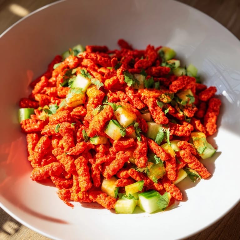 Close-up of a colorful Flamin Hot Cheeto Salad; crunchy chips with fresh lime dressing.