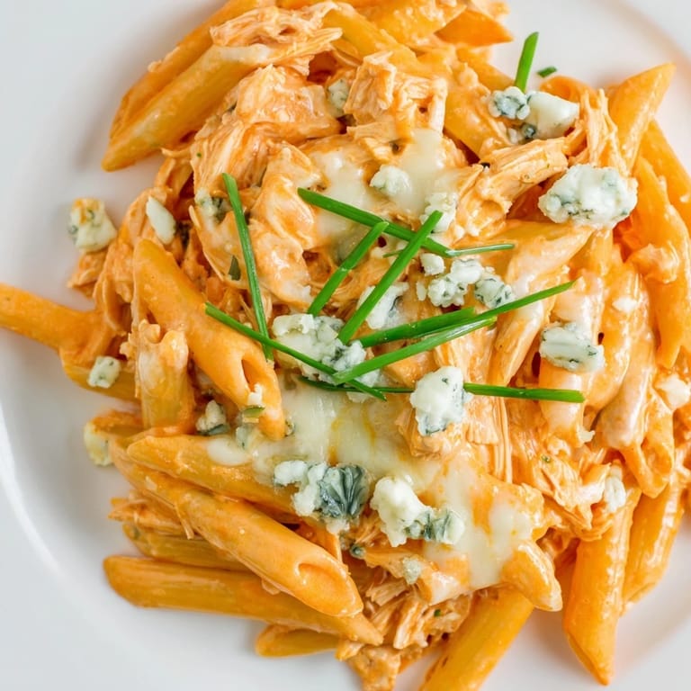 Spicy Buffalo Chicken Pasta featuring tender rotini coated in a rich, cheesy sauce, ready to serve hot.