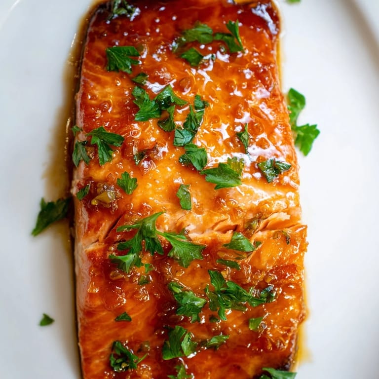 Tender salmon fillets brushed with a rich honey garlic butter glaze, served hot with lemon wedges on a rustic wooden table.  