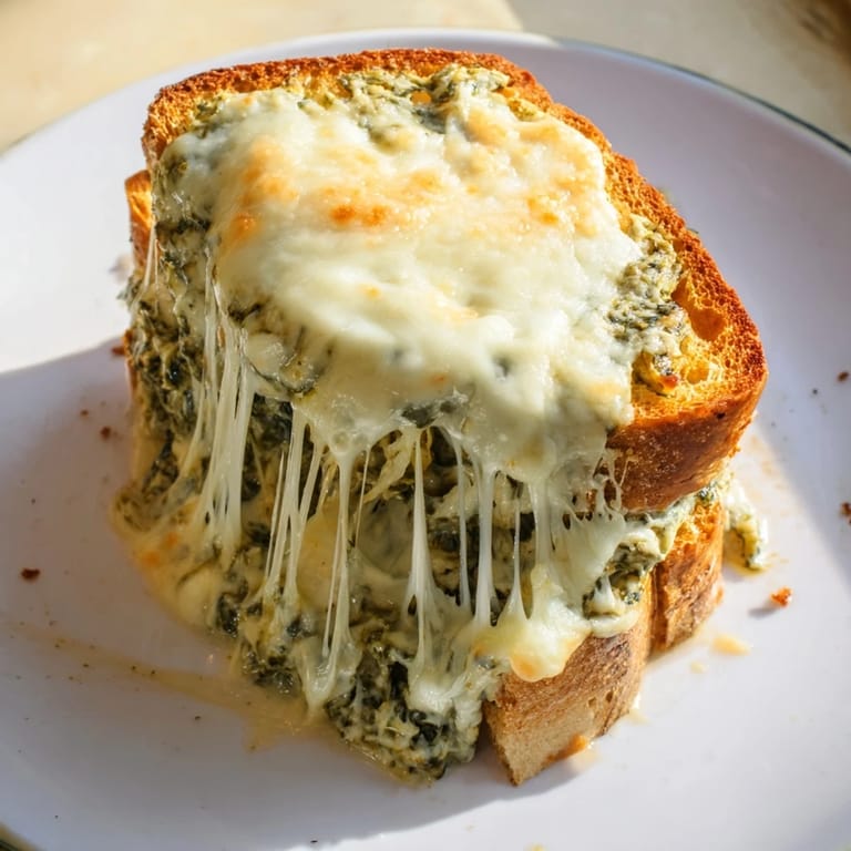A close-up view of crispy spinach artichoke grilled cheese, with vibrant green spinach and chopped artichoke peeking from the melted cheese.