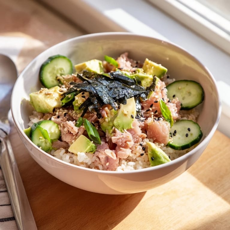 Savory tuna avocado rice bowl topped with crisp cucumber and nori, drizzled with a ginger-sesame dressing.
