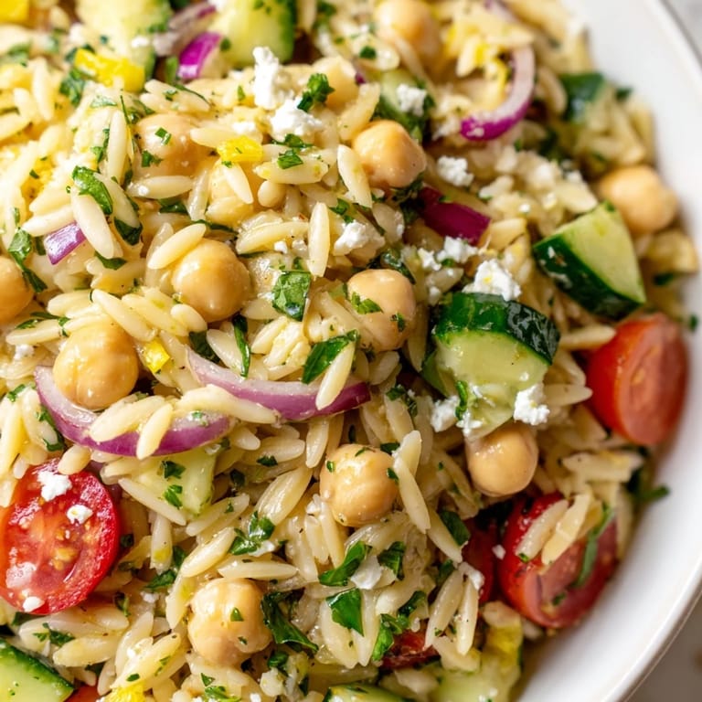 Vibrant Mediterranean Lemony Chickpea Orzo Salad featuring tender orzo, chickpeas, crisp cucumbers, and feta, ready for a light lunch.