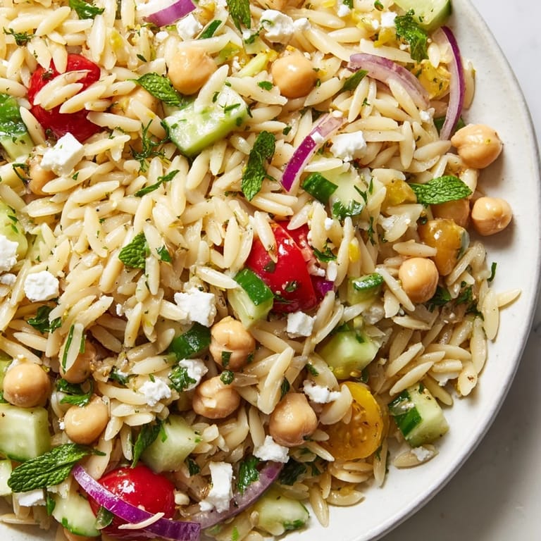 Close-up of a fresh Lemony Chickpea Orzo Salad garnished with parsley and mint, served chilled on a sunny picnic table.