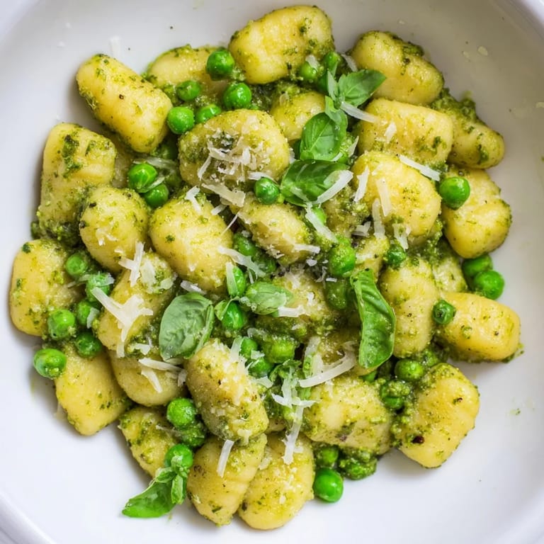 A close-up view of a Pesto Pea Gnocchi Skillet garnished with fresh basil leaves and grated Parmesan cheese.