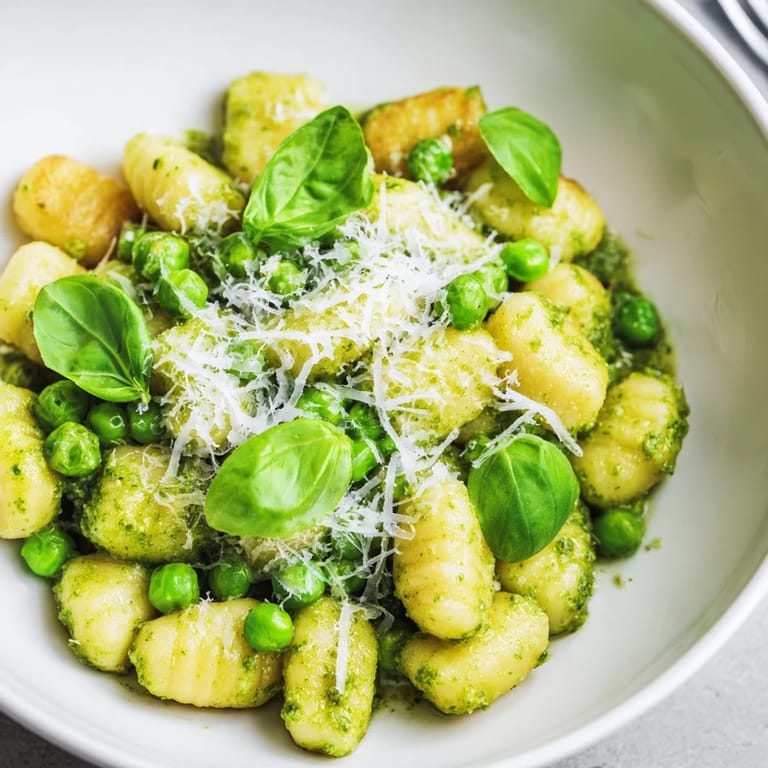 Savory Pesto Pea Gnocchi Skillet served family-style in a warm pan, perfect for a quick vegetarian weeknight dinner.