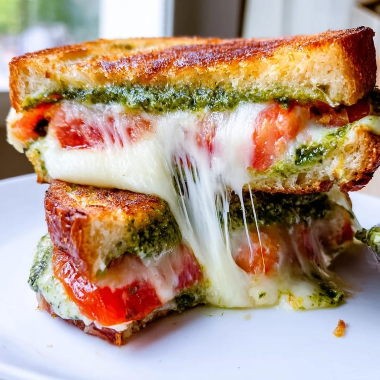 A crispy, buttery Caprese Pesto Grilled Cheese on a rustic plate with fresh basil garnish.