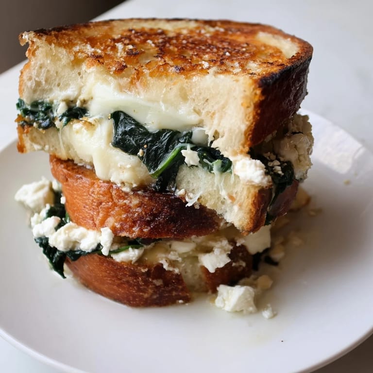 Toasted sourdough sandwich packed with feta and spinach, perfect with a side of tomato soup for dipping.