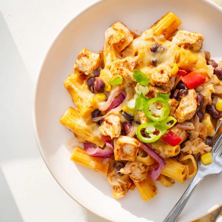A close-up of the one-pan Crispy Chicken Burrito Pasta, melted cheddar and Monterey Jack cheese stretching from the fork.