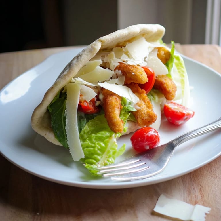 Golden, air-fried chicken strips tucked inside a warm pita pocket, creating a handheld Mediterranean-inspired meal perfect for easy weeknight dinners.