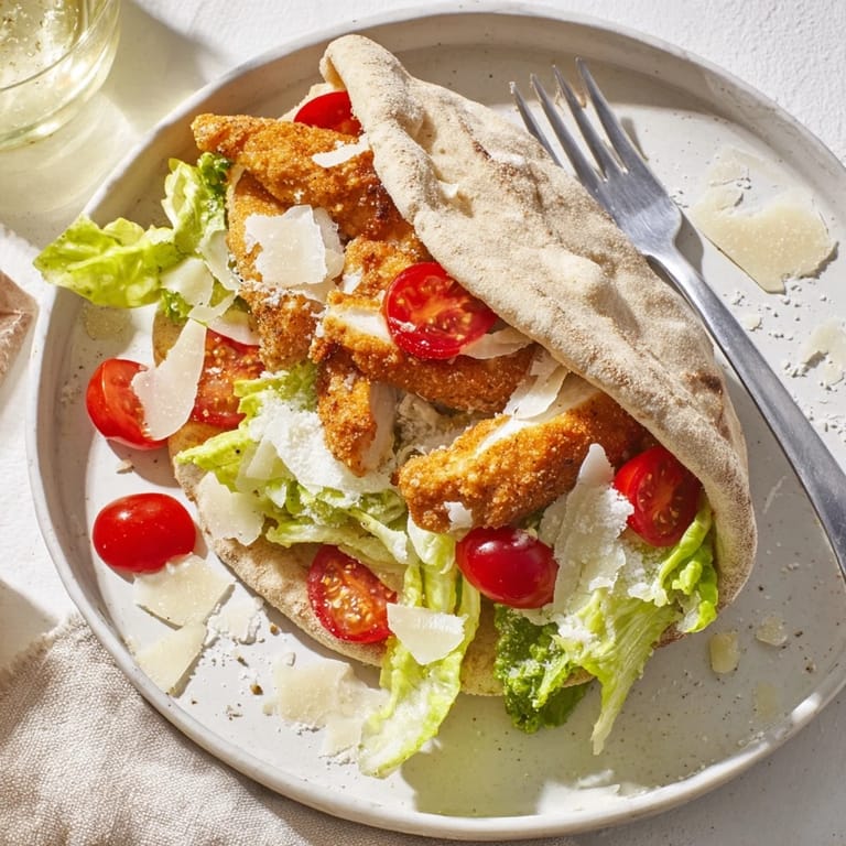 Freshly made crispy chicken Caesar pita served with lemon wedges on a rustic wooden table, ideal for a satisfying lunch.
