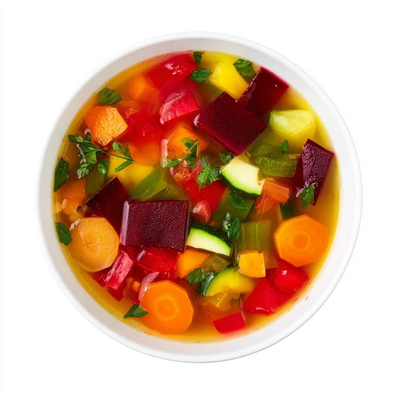 Nourishing Rainbow Vegetable Detox Soup in a rustic bowl, garnished with bright parsley and dill for a fresh flavor.