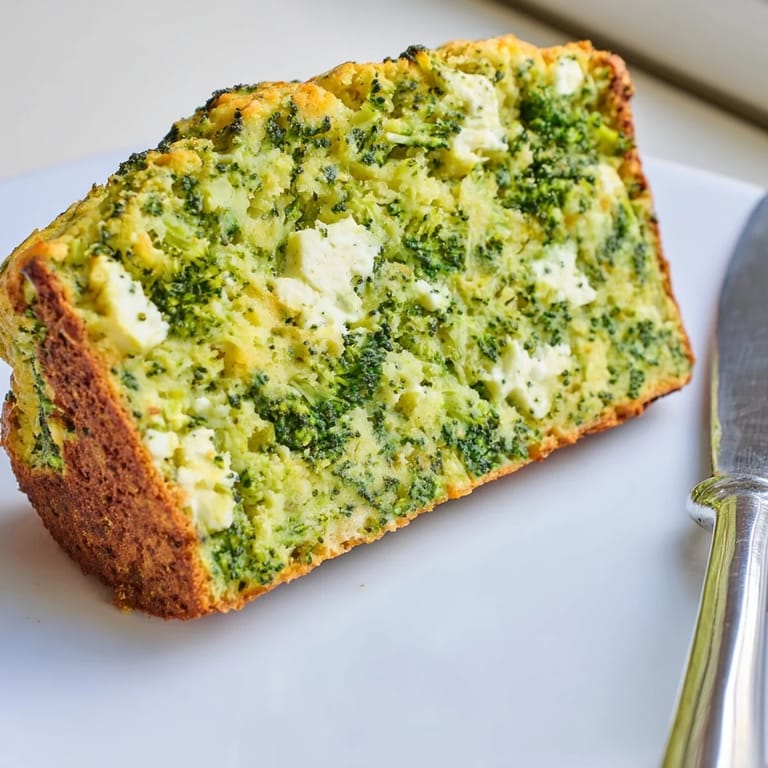 Savory broccoli and feta loaf with a tender slice on a plate, ready to be enjoyed warm or toasted.