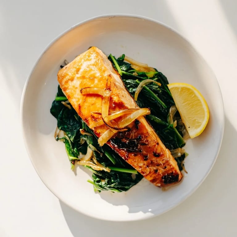 A close-up of miso salmon on sautéed spinach reveals flaky texture, glossy glaze, and glistening olive oil on the greens.