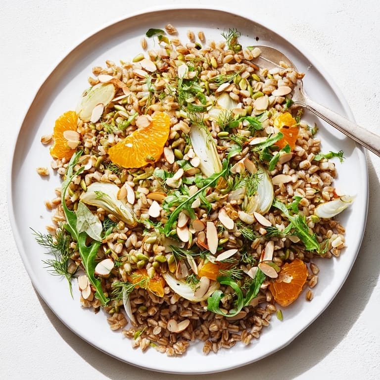Hearty farro salad with fennel, oranges, and almonds is served on a white plate with arugula.