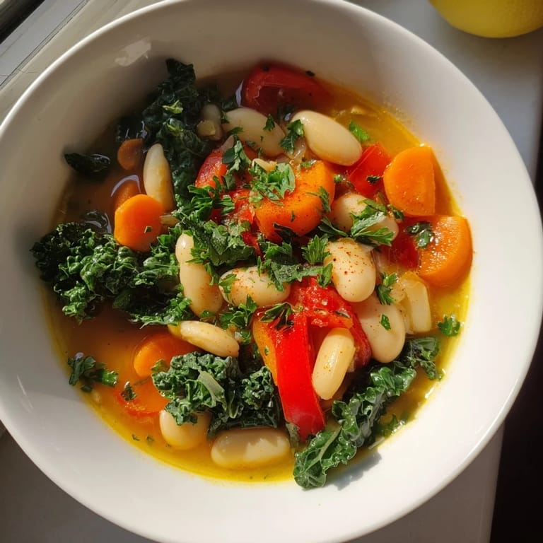 Vibrant Mediterranean White Bean Stew garnished with fresh parsley and lemon wedges for a bright finish.