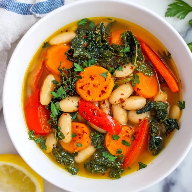 Hearty Mediterranean White Bean Stew simmered with carrots, peppers, and olive oil, served with crusty bread.
