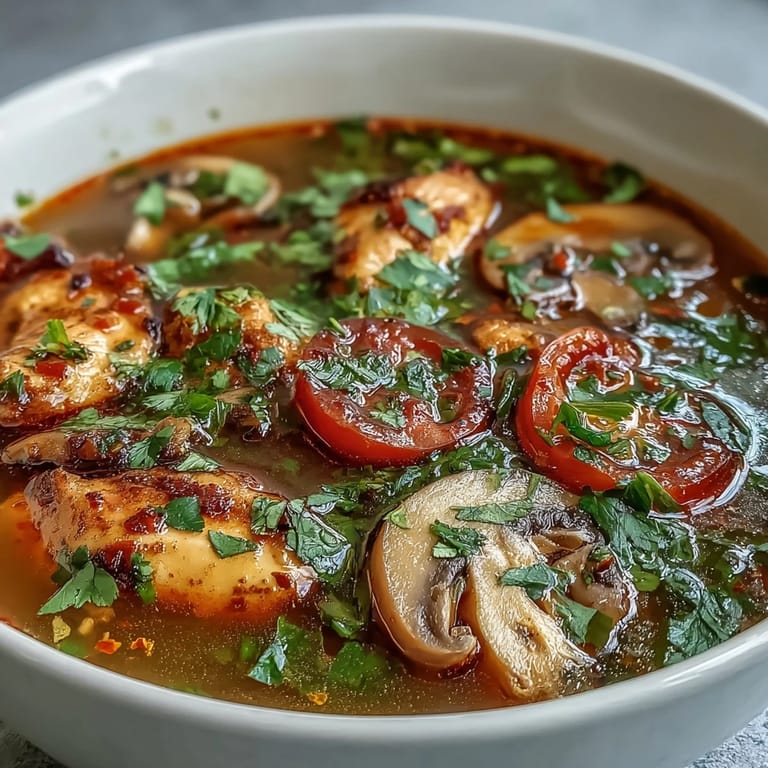 Close-up of Tom Yum Gai garnished with fresh cilantro and Thai chiles, served with lime wedges on the side.