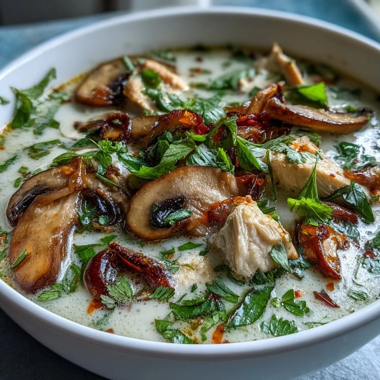 A steaming bowl of Authentic Tom Kha Gai, featuring tender chicken and straw mushrooms in fragrant coconut broth.