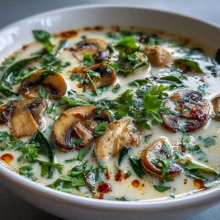 Authentic Tom Kha Gai served hot with lime wedges, fresh herbs, and a spoon ready to enjoy.