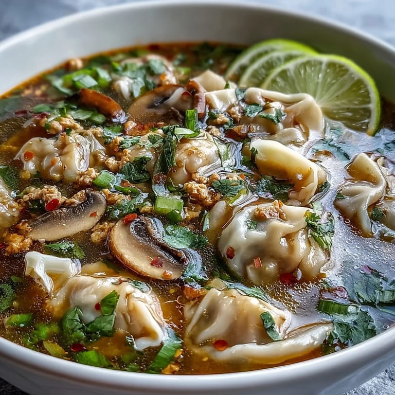 Steaming bowl of Tom Yum Wonton Soup with aromatics like lemongrass and chili, garnished with fresh cilantro.
