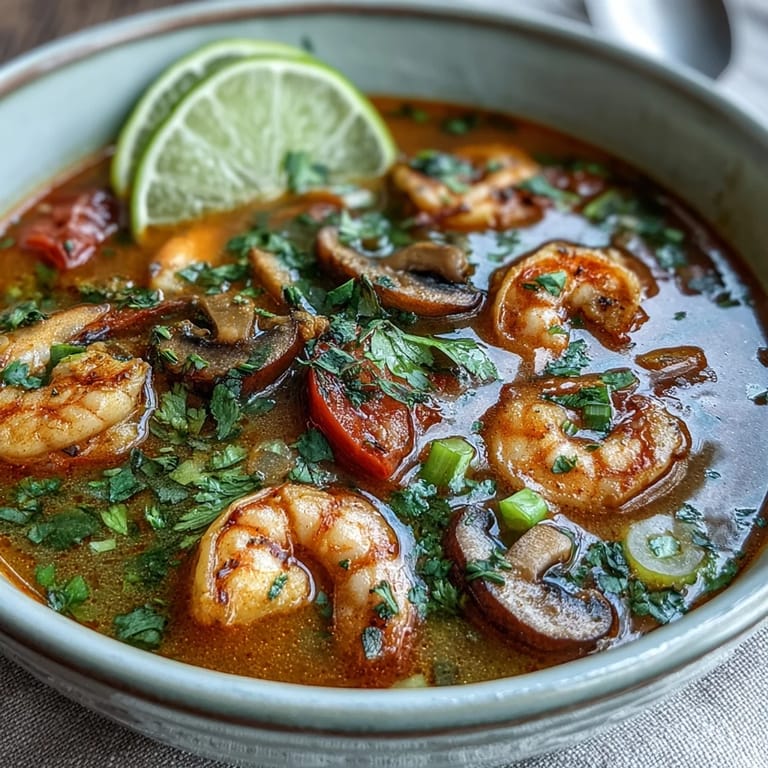 Aromatic Thai-inspired Tom Yum Soup featuring shrimp and mushrooms, served with lime wedges for squeezing.
