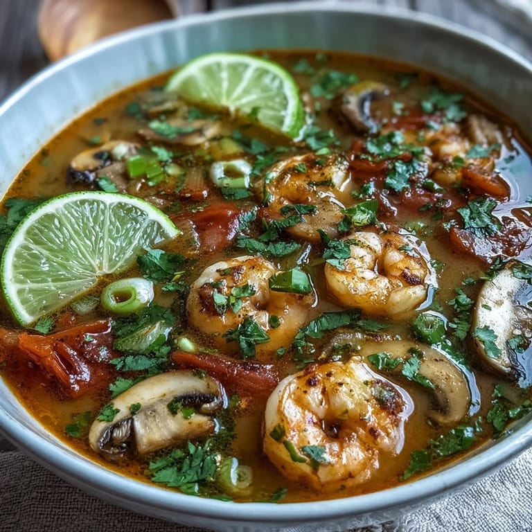 Steaming hot Tom Yum Soup in a white bowl, garnished with sliced green onions and Thai chiles.