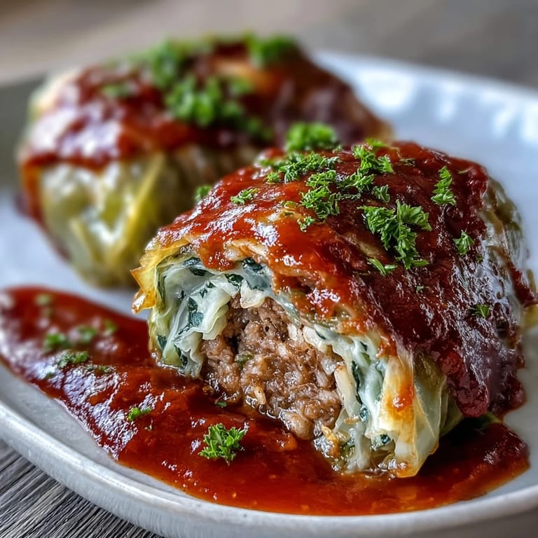 Golden brown Cabbage Rolls topped with fresh parsley, baked in a bubbling tomato sauce for a comforting meal.