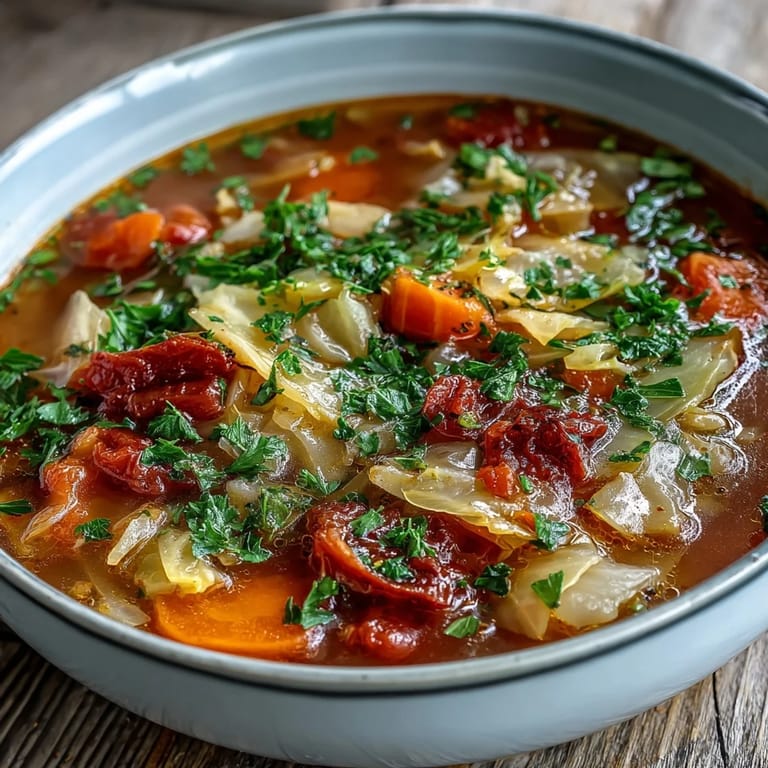 Steaming Classic Cabbage Soup in a rustic pot, featuring vibrant vegetables and savory herbs for a healthy lunch.