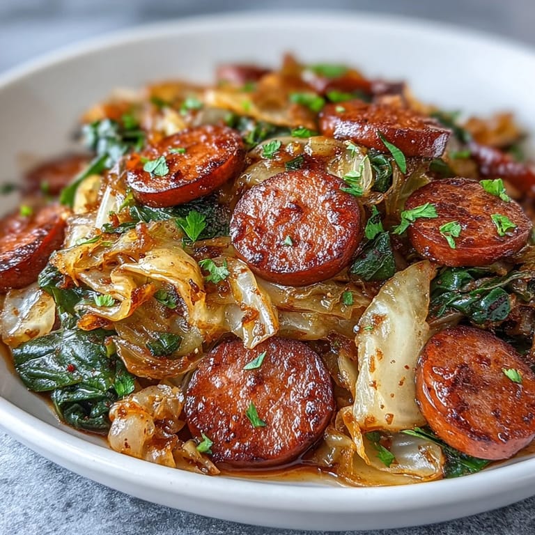 Smothered Cabbage With Sausage Skillet is served hot beside creamy mashed potatoes, showcasing the rich, caramelized vegetables.