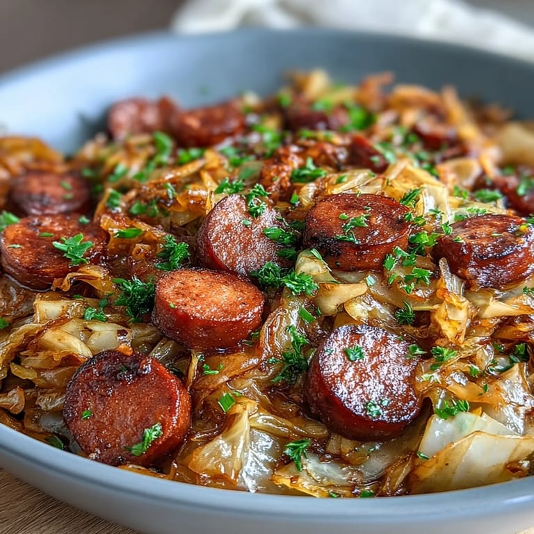 A close-up of the Smothered Cabbage With Sausage Skillet highlights juicy sausage rounds and wilted green cabbage leaves.