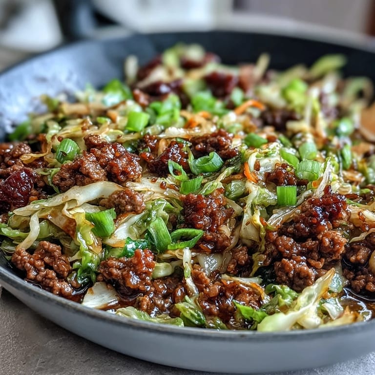 Wok-fried Chinese Ground Beef and Cabbage Stir-Fry shows tender beef crumbles and translucent cabbage coated in a glossy, savory brown sauce.