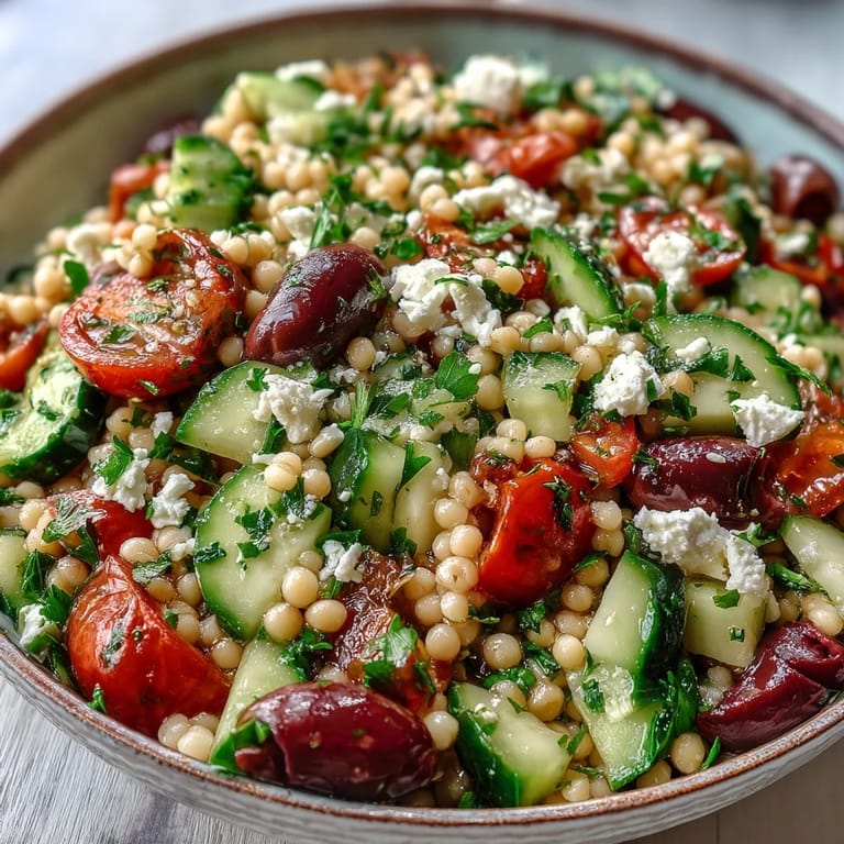 Fluffy Mediterranean Pearl Couscous tossed with kalamata olives, cherry tomatoes, and fresh parsley on a light surface.