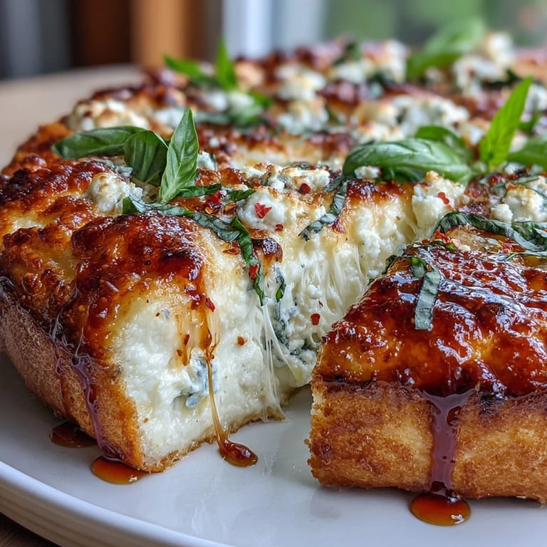 A slice of Hot Honey Ricotta Pizza lifted to show fluffy crust and creamy ricotta topping.