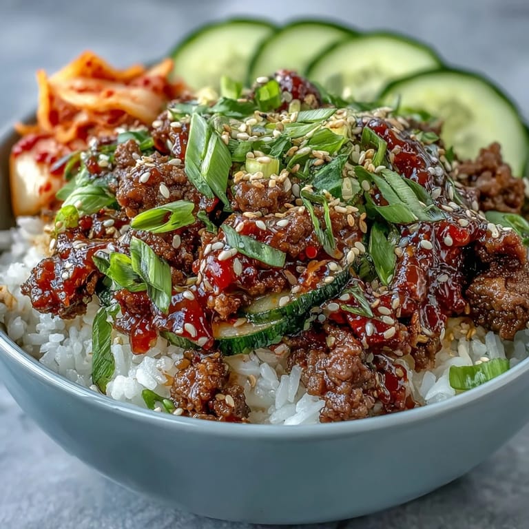 Colorful Korean Beef Bowl featuring quick-pickled carrots and radish, seasoned beef, and sesame seeds, served ready for a busy weeknight family dinner.