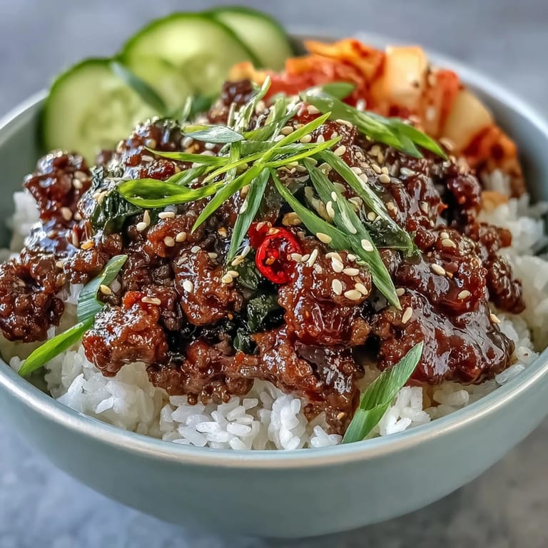 Spicy Korean Beef Bowl garnished with sliced radish and green onions, steaming over rice alongside vibrant kimchi for a bold, flavorful meal.