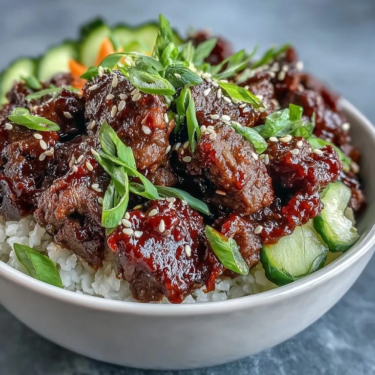 Colorful Korean Beef Bowl garnished with carrots, cucumbers, and sesame seeds, ready to serve with a side of kimchi and spicy sauce.