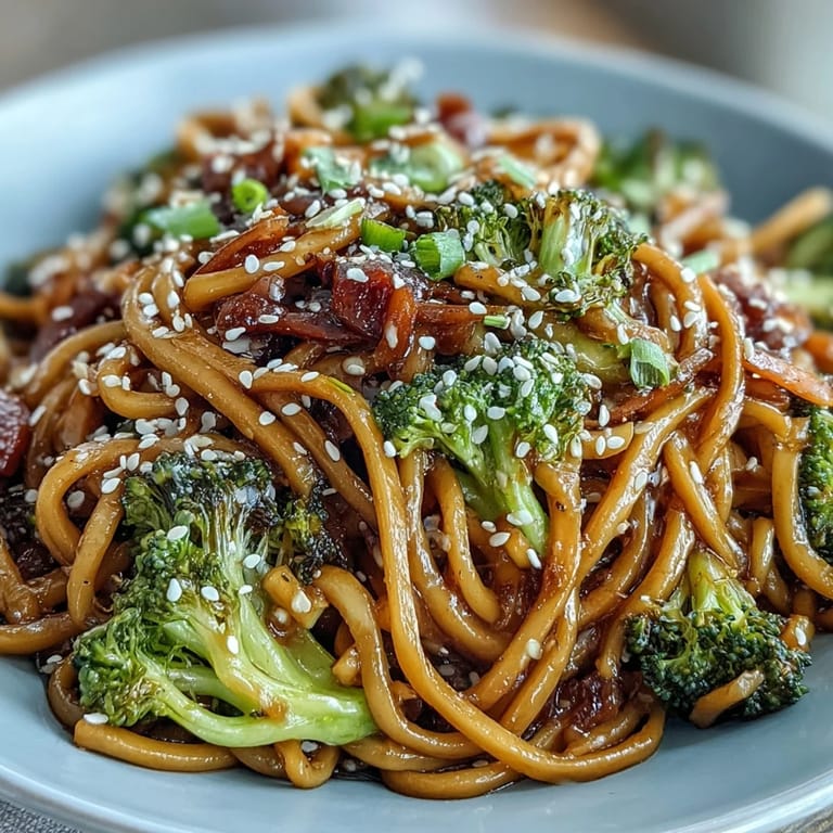 Steamed veggies and savory Asian noodles served in a bowl, finished with toasted sesame seeds for crunch.