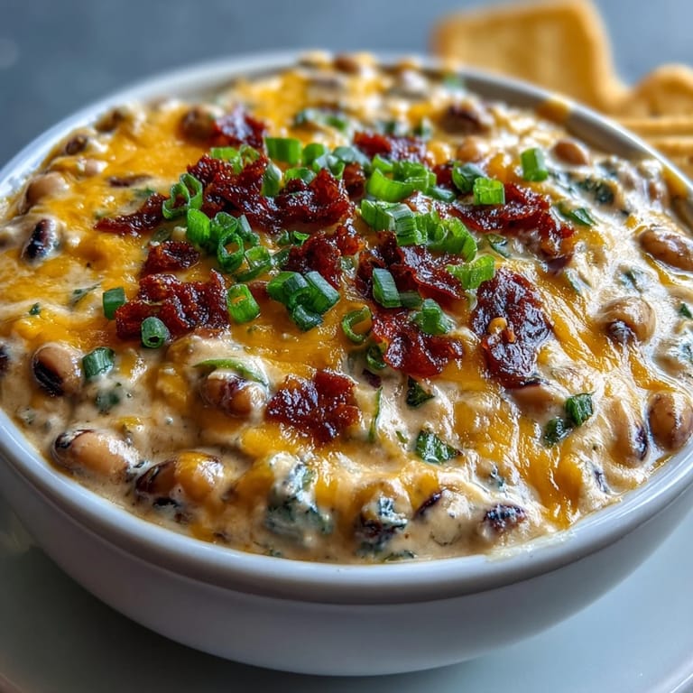 Bubbling Hot Black-Eyed Pea Dip from the oven featuring black-eyed peas and melted cheddar, ideal for party snacking.