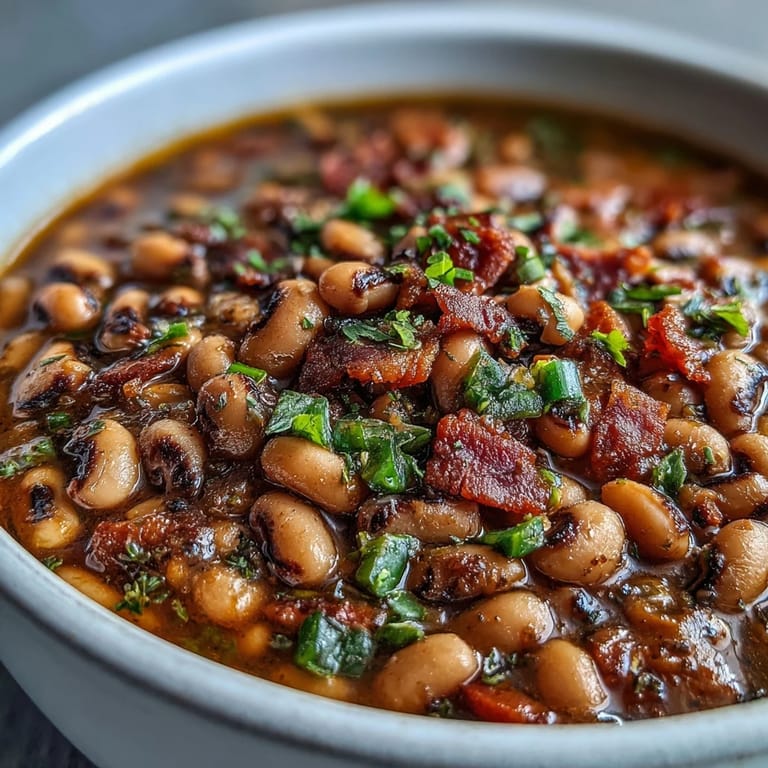 Spoon lifting a portion of hearty Big Pot of Texas Black-Eyed Peas, revealing a rich, thick texture perfect over steamed rice.