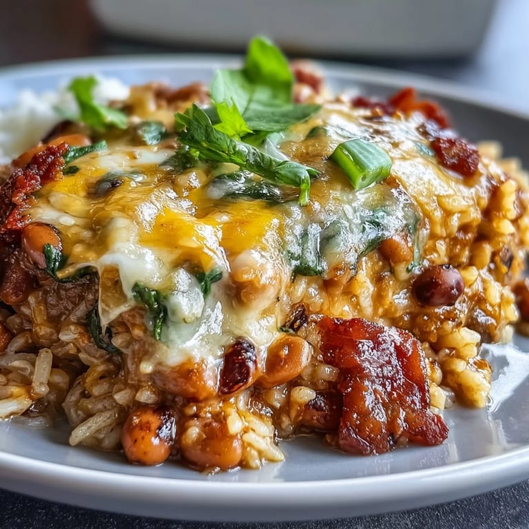 Golden cheesy top on a spoonful of Tex Mex Black Eyed Pea Casserole revealing rice, black-eyed peas, spinach, and smoky bacon.
