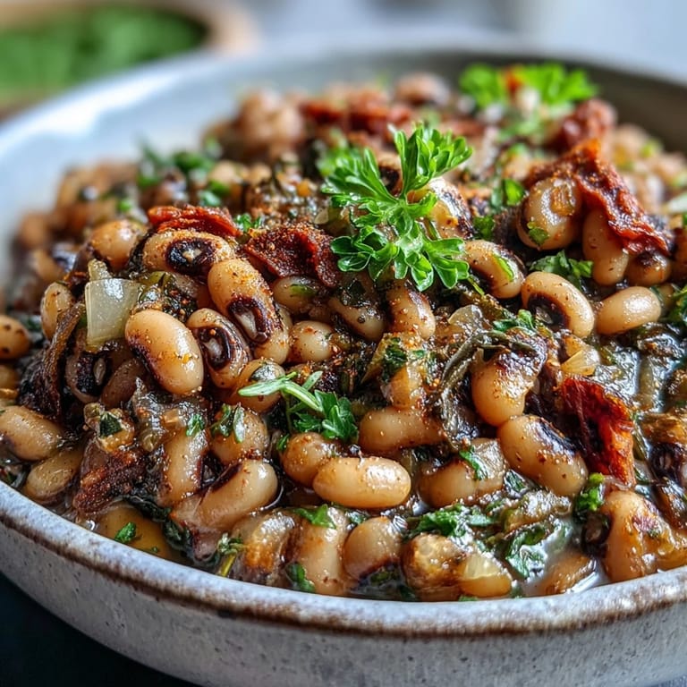 A steaming spoonful of Frozen Black-Eyed Peas over white rice, featuring tender peas in a rich tomato-infused broth.