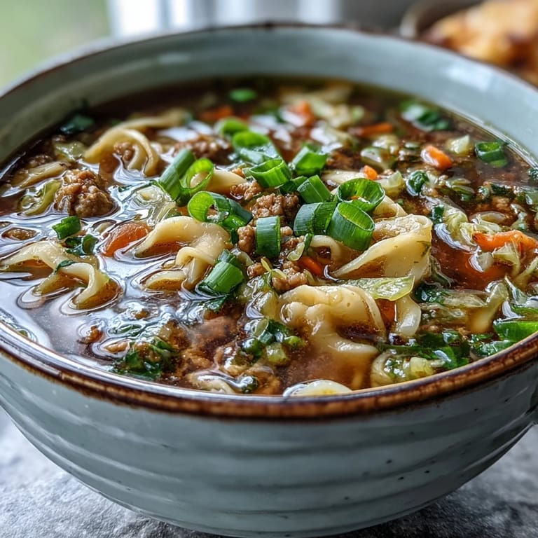 Savory Cozy One-Pot Egg Roll Soup served hot with a drizzle of sesame oil.