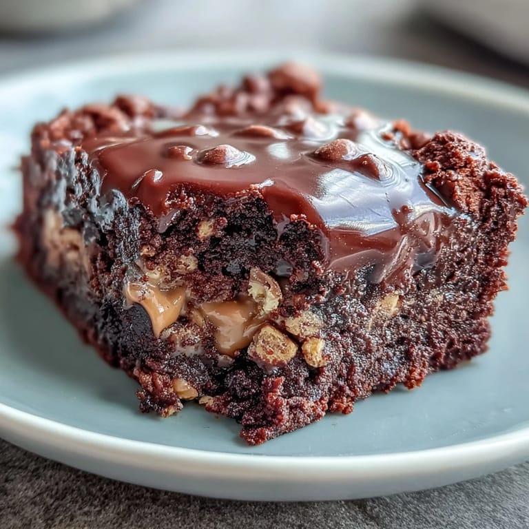 Freshly baked Rich Peanut Butter Cup Dump Cake from a 9x13-inch dish showcases melted chocolate chips and mini peanut butter cups on a fudgy, decadent dessert.