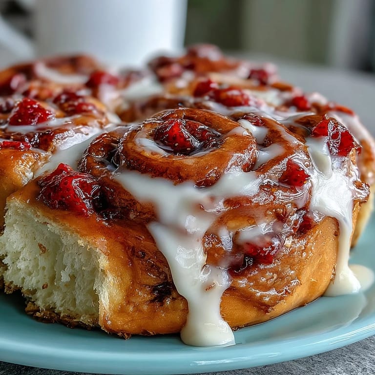 Warm Strawberry Cinnamon Rolls topped with cream cheese icing, served alongside a glass of milk.